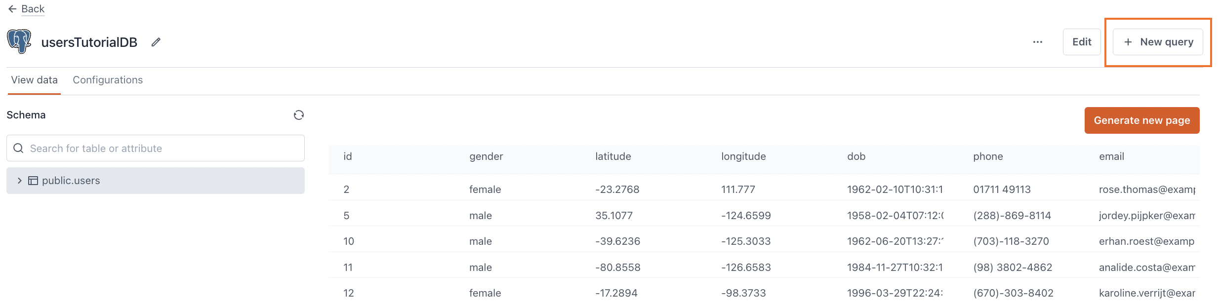 Create a new query on the datasource